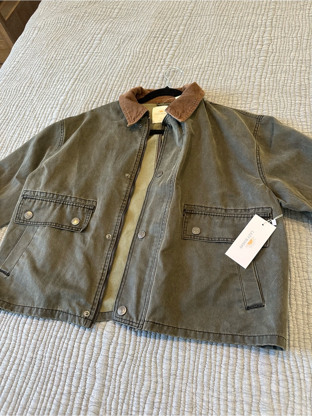 Waxed Cotton Jacket with Brown Corduroy Collar - Olive - Picture 2 of 9